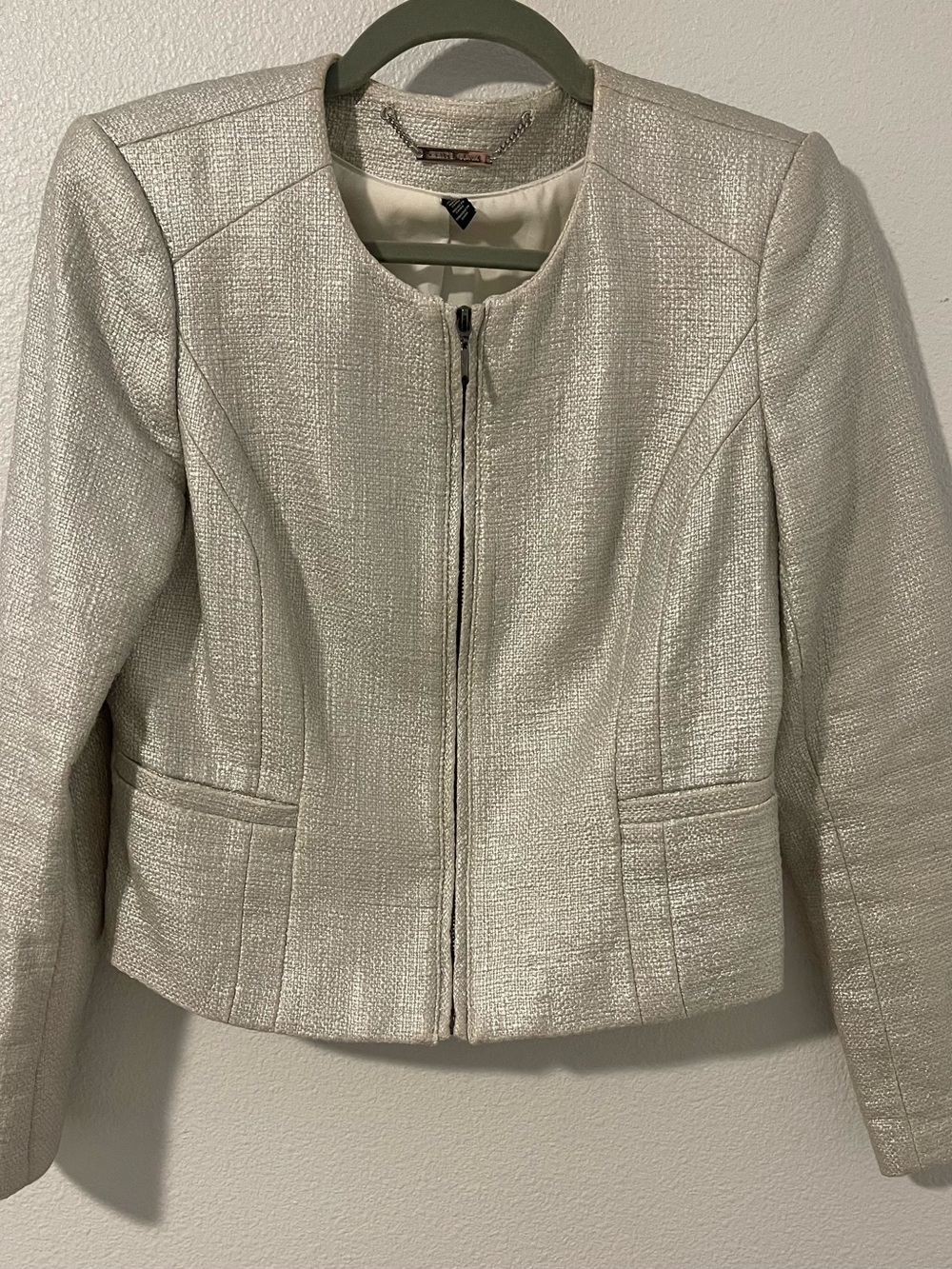 White House Black Market Silver Metallic Collarless Zip Jacket - Picture 2 of 6